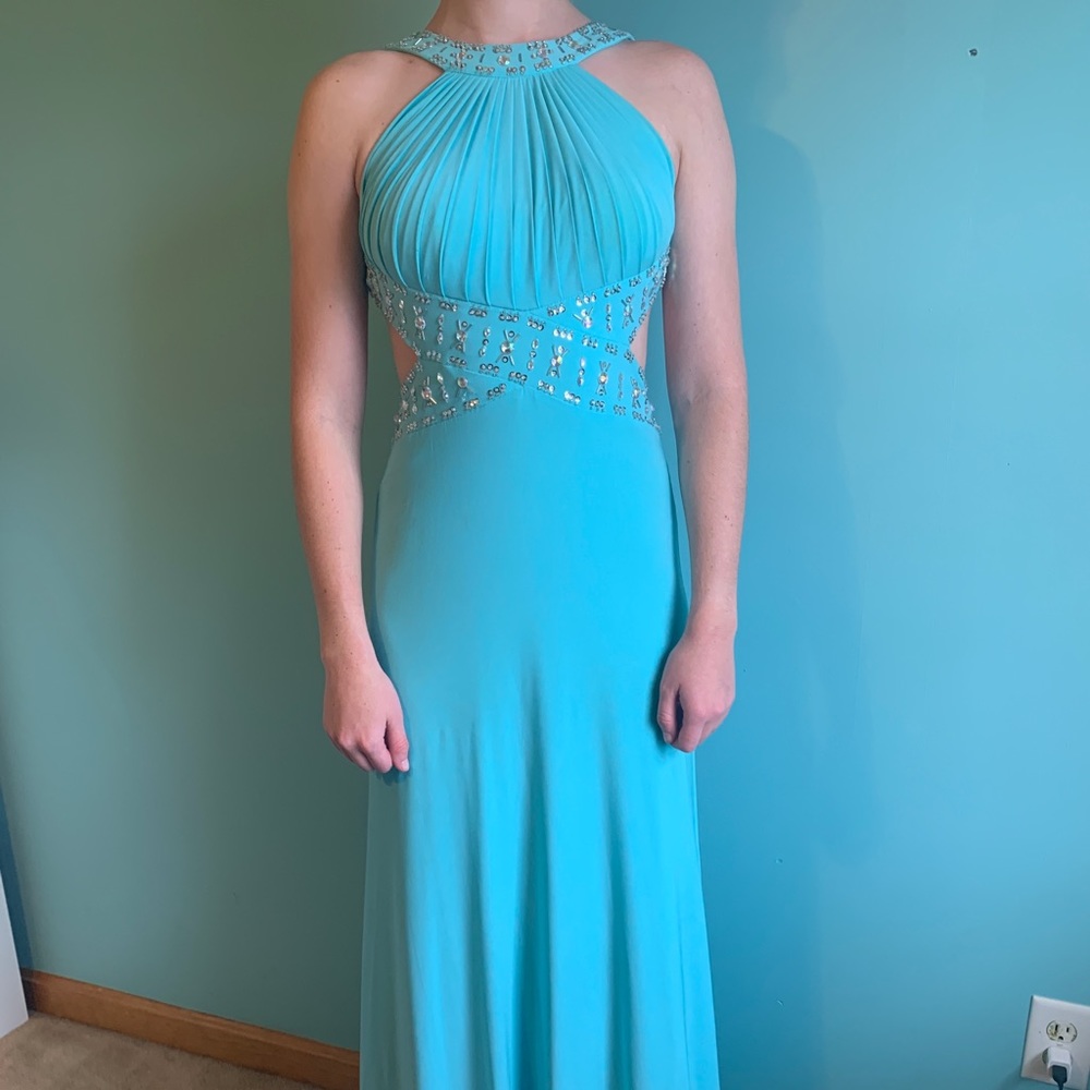 Light blue long dress, silver beading, open back